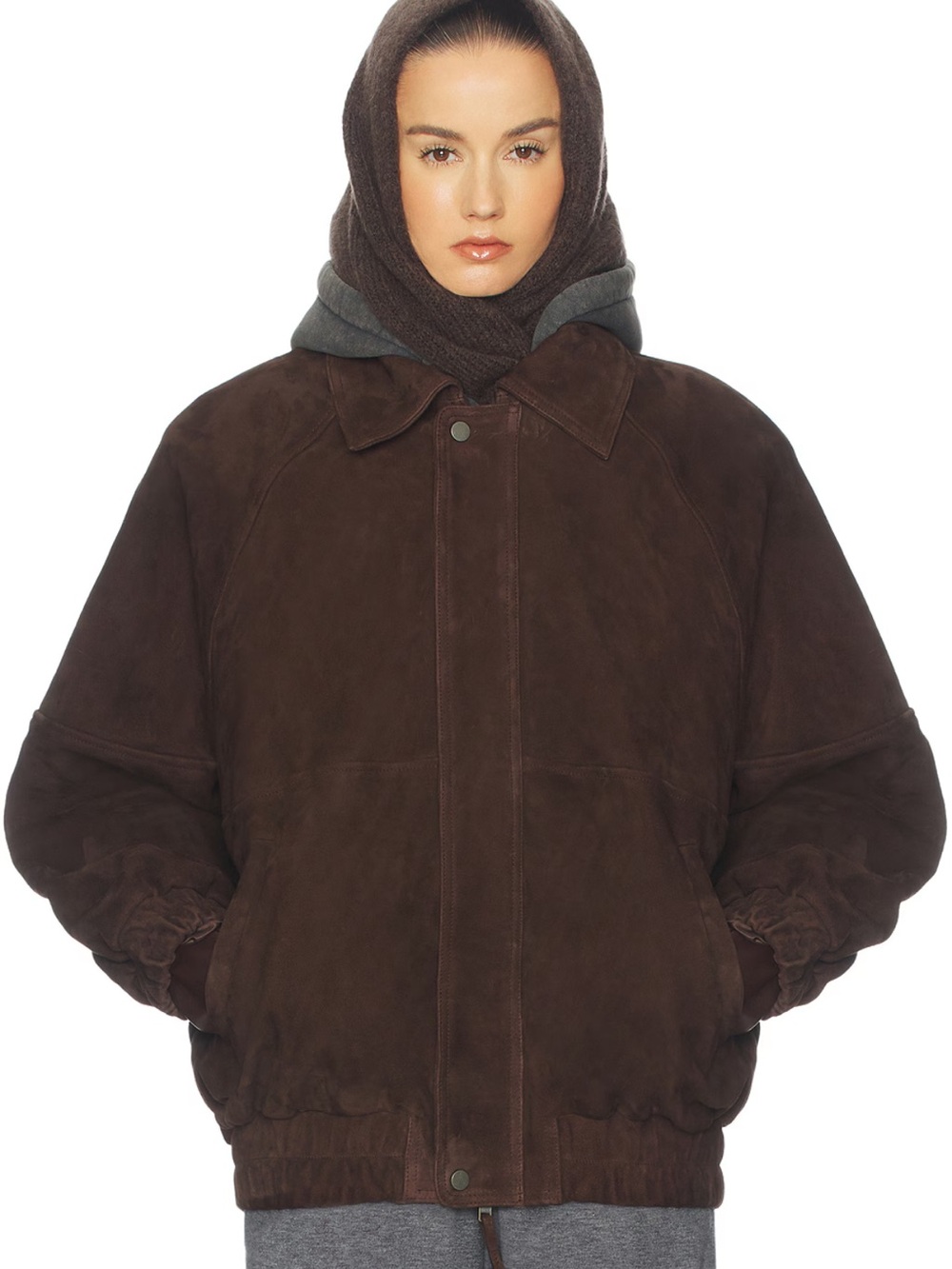 Helsa The Oversized Suede Bomber in Dark Brown